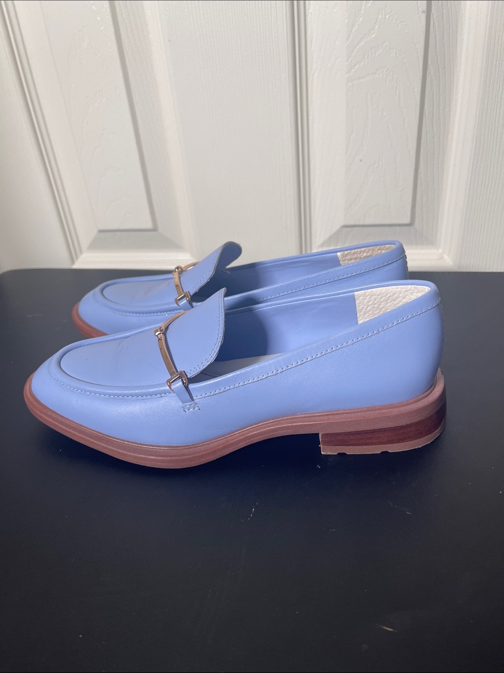 SARTO By Franco Sarto Powder Blue Leather Loafers with Gold Bit - Picture 4 of 10